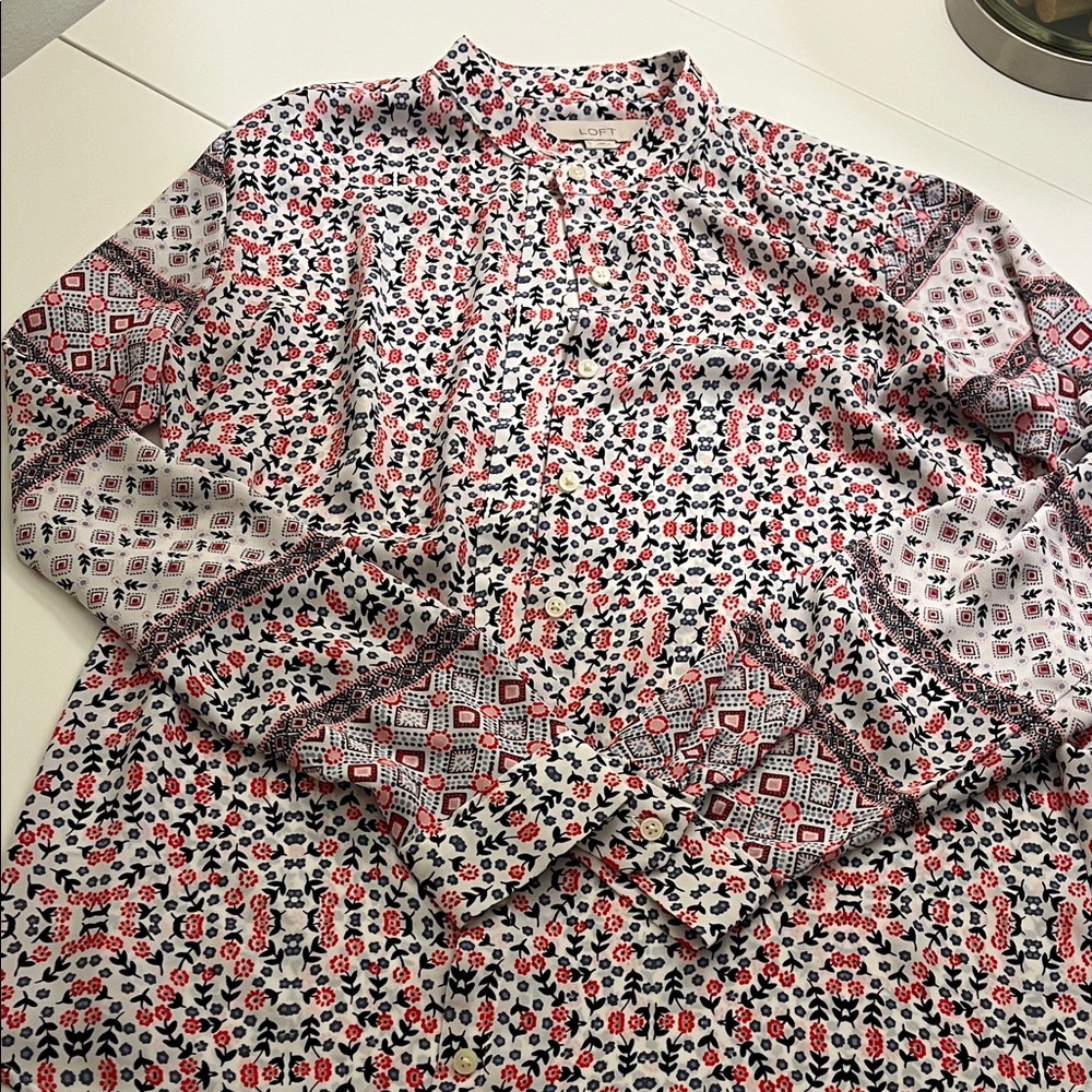 LOFT Pink Black Blue White Floral Button Down Blouse